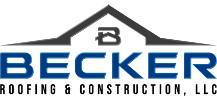 Becker Roofing & Construction, LLC logo featuring a blue 3D stylized wordmark under a charcoal grey roof gable icon.