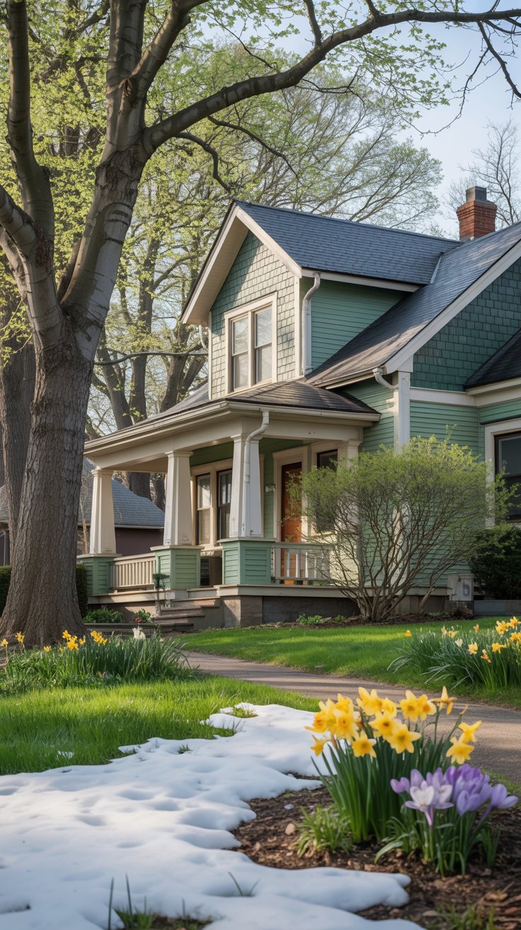 pring home exterior in Minnesota with early season daffodils and covered porch — TenPenny Home